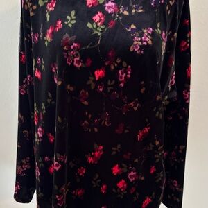 J. Jill Black Velvet Top with Pink Floral Design Long Sleeve Pullover Top Sz XLP